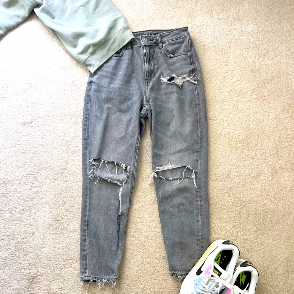 American Eagle Gray Denim Distressed Mom Jeans